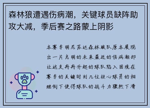 森林狼遭遇伤病潮，关键球员缺阵助攻大减，季后赛之路蒙上阴影