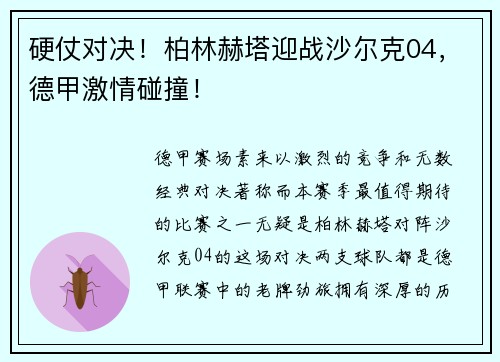 硬仗对决！柏林赫塔迎战沙尔克04，德甲激情碰撞！