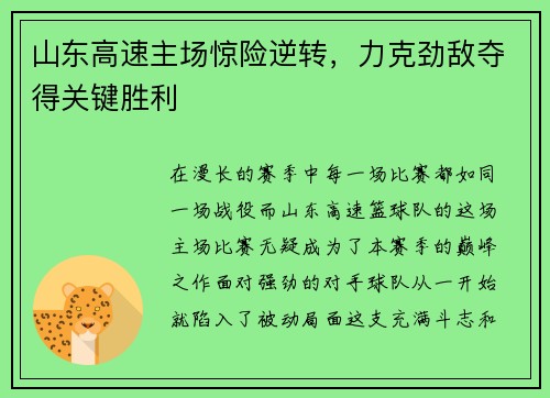 山东高速主场惊险逆转，力克劲敌夺得关键胜利